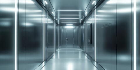 Futuristic Sci-Fi corridor with lighting, featuring sleek metallic walls and advanced technology.