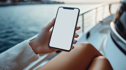 woman sitting on yacht holding mobile phone