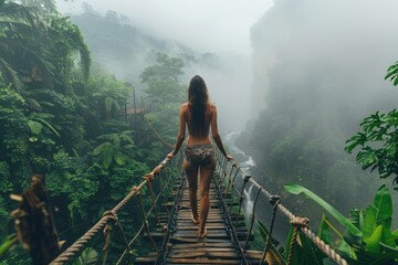 Tourist walking on rope bridge over waterfall in tropical rainforest