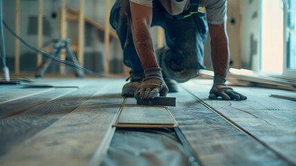 construction worker sanding wooden floor in renovation project