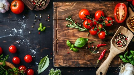 top view of a wooden board filled with fresh tomatoes, herbs, and spices for a cooking preparation