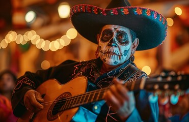 A man with detailed skeleton makeup plays guitar during Mexico's Day of the Dead (El Dia de Muertos).