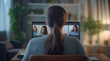 Poster - A woman sits at a desk with a laptop in front of her. She is looking at a screen with three other women on it. Scene is one of connection and collaboration