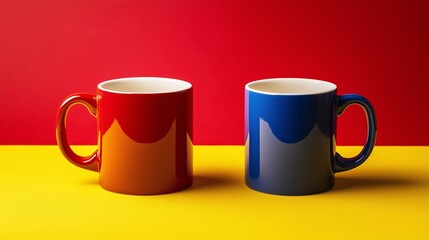 Poster - Two cups, one red and one blue, are sitting on a yellow background. The cups are placed next to each other, creating a sense of balance and harmony. The red cup has a more vibrant and energetic feel