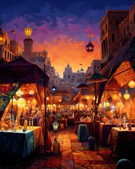 Wall Mural - Illustration of a night market in the old city of Istanbul, Turkey