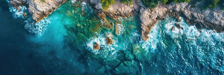 Wall Mural - Aerial Coast. Stunning View of Ocean Waves Crashing on Rocky Shore in Montenegro