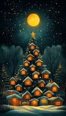 Poster - A beautifully illuminated Christmas tree surrounded by a starry night sky, evoking warmth and holiday spirit.