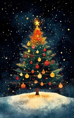 Wall Mural - A beautiful, colorful Christmas tree adorned with ornaments, glowing stars, and surrounded by a snowy landscape under a starry night.