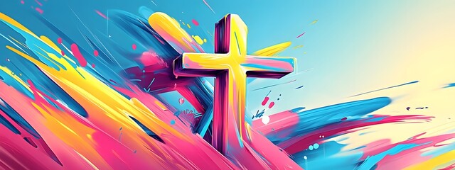 Wall Mural - A vibrant digital illustration of the cross, with dynamic brush strokes and bold colors creating an energetic atmosphere