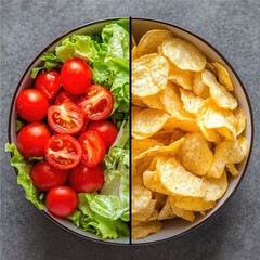 Poster - vegetable salad and bowl of chips healthy and junk food. Selective focus