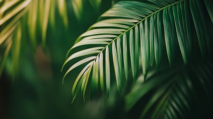 Nature's green beauty unfolds in this close-up shot of a leaf against a backdrop of palm fronds. The earthy tones and serene ambiance evoke the tranquil essence of the natural world.