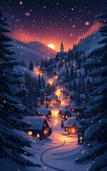 Canvas Print - A picturesque winter village at sunset, surrounded by snow-covered mountains and illuminated by warm cabin lights.