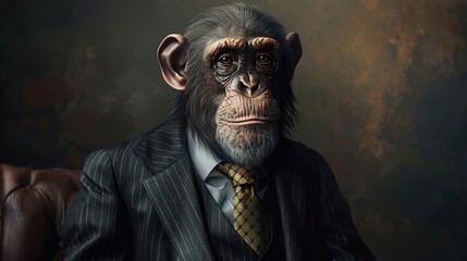 Wall Mural - Old monkey dressed in an elegant modern suit with a nice tie. Fashion portrait of an anthropomorphic animal, shooted in a charismatic human attitude