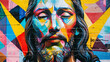 © Евгений Архипов - Close-up of a mural of Jesus with abstract patterns and bold colors