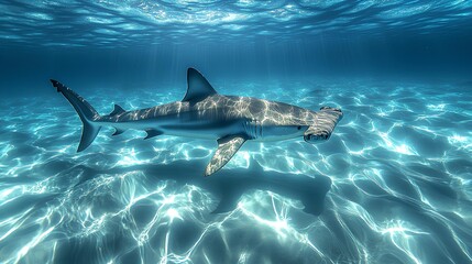 A large shark with its four main fins swims in the sun in the blue Pacific Ocean