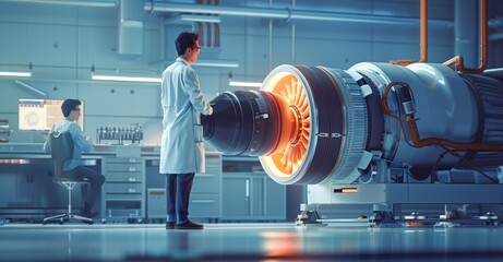 Poster - Scientist in white coat inspecting advanced jet engine in a modern laboratory