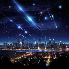 Wall Mural - Cityscape in the night with stars and a comet. 3d rendering