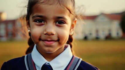 Wall Mural - Portrait of a schoolgirl in uniform. The little girl looks at the camera. School yard outdoor background. Education concept. Elementary class student. Female pupil smile. Back to school.