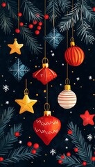 Sticker - Colorful Christmas ornaments hanging against a dark backdrop, perfect for holiday-themed designs and festive decor.