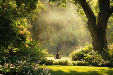 Meditation in tranquil forest with rays of sunlight