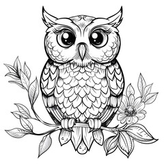 Adorable Owl Coloring Page Illustration for Kids with Intricate Details Lines 