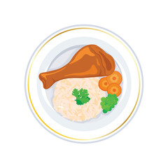 Wall Mural - Roasted chicken leg and rice on a plate top view vector illustration. Baked chicken leg, rice and vegetable garnish view from above icon isolated on a white background