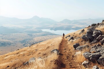 Wall Mural - Hiker on mountain trail with panoramic view of valley and lake