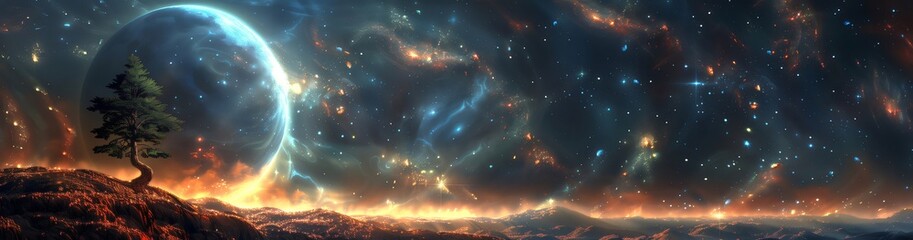 Wall Mural - lone tree clings to a rocky outcrop; birth of a new planet in a distant galaxy, radiating vibrant co