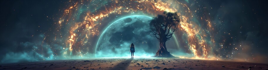 Wall Mural - lone woman walks on an alien planet with a giant moon in the sky and a burning sky. sense of wonder 
