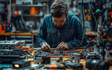 Wall Mural - Technician focused on repairing electrical components in a busy workshop with tools and equipment