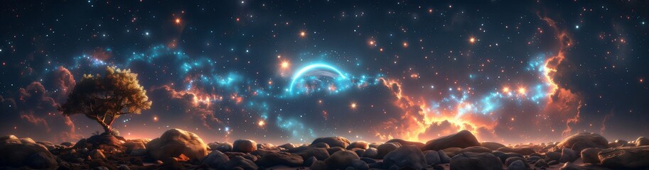 Wall Mural - mesmerizing landscape featuring lone tree standing on a rocky surface, with a radiant nebula illumin