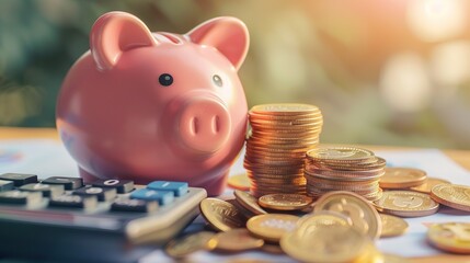 Pink piggy bank next to gold coins and calculator, counting profit, calculating budget, financial income, earning and saving, tax payment and loan interest, economic balance