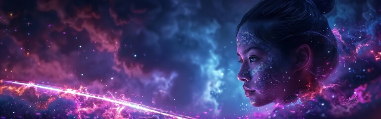 Wall Mural - young woman with cosmic makeup is emerging from pink and blue clouds of energy, symbolizing spiritua