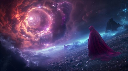 Wall Mural - science fiction illustration of a traveler walking on an alien planet, looking at a beautiful myster