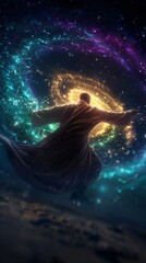 Wall Mural - wizard in a flowing robe floats, casting a spell to open a mystical portal to a cosmic multiverse of