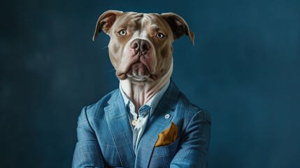 Pitt Bull dog dressed in an elegant blue suit, standing as a confident leader and a powerful businessman. Fashion portrait of an anthropomorphic animal posing with a charismatic human attitude