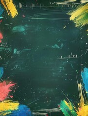Aufkleber - Colorful brushstrokes adorn a dark green chalkboard, showcasing an artistic expression in a classroom environment. Generative AI