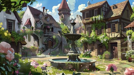 Poster - a small village with houses, a fountain, flowers. a little gray mouse with a brown jacket