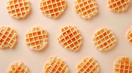 Canvas Print - Round Belgian waffles on light cream background, top view, minimal flat lay style.	