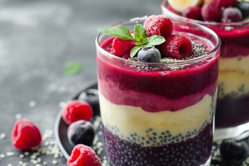 Wall Mural - A glass of smoothie with blueberries, raspberries, and a green leaf on top