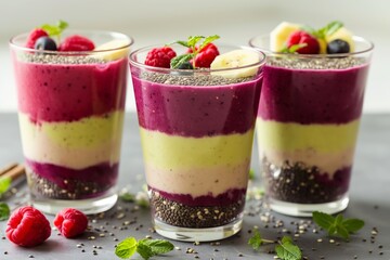 Wall Mural - Three glasses of smoothie with raspberries and bananas. The smoothie is colorful and looks delicious