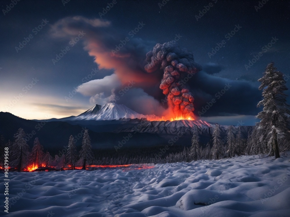 This dramatic image captures a volcanic eruption with lava flow and ash ...