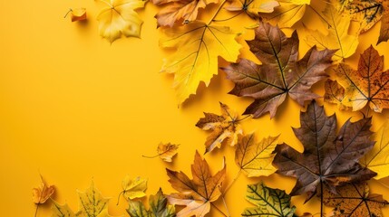 Sticker - Autumn leaves on yellow background, copy space.