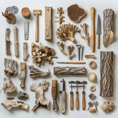 Wooden Tools and Natural Elements.