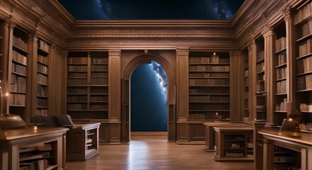 Canvas Print - An old library with bookshelves and an open window showing the night sky filled with stars and planet Seamless looping time lapse video animation background 4k animation