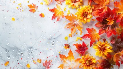 Wall Mural - Autumn leaves and flowers trapped in ice with water droplets.