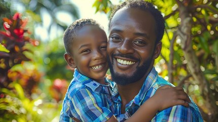 Poster - Portrait, happy father and boy smile in garden fun, vacation and break in summer happiness together. Black man and child smile, love and hug outdoor bonding free time on a sunny day in the park