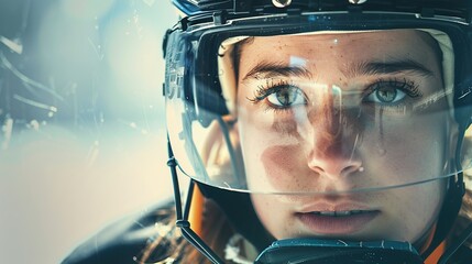 Wall Mural - Portrait of a focused young woman wearing ice hockey gear and helmet with a visor