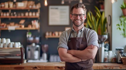 Wall Mural - Portrait of a handsome barista in apron standing at a modern coffee shop, Small business owner, entrepreneur