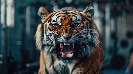 Wall Mural - Portrait of a strong roaring male tiger in a gym. Bodybuilding concept